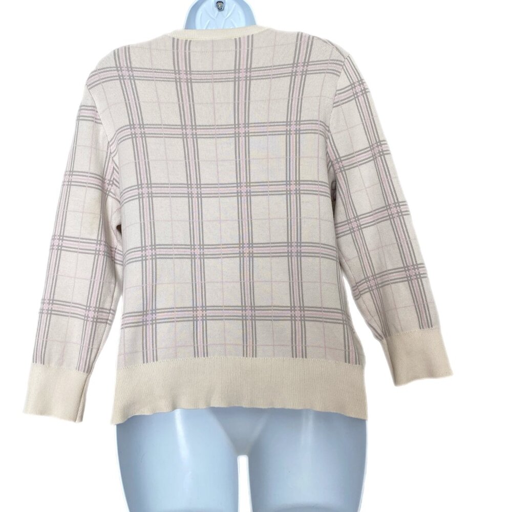 Ann Taylor Plaid Cardigan Sweater Beige Gray Pink Button-up Size Long-Sleeve M - Picture 5 of 5